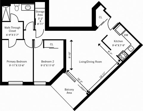 Floor plan for 2 beds, 1 bath, 804 sqft